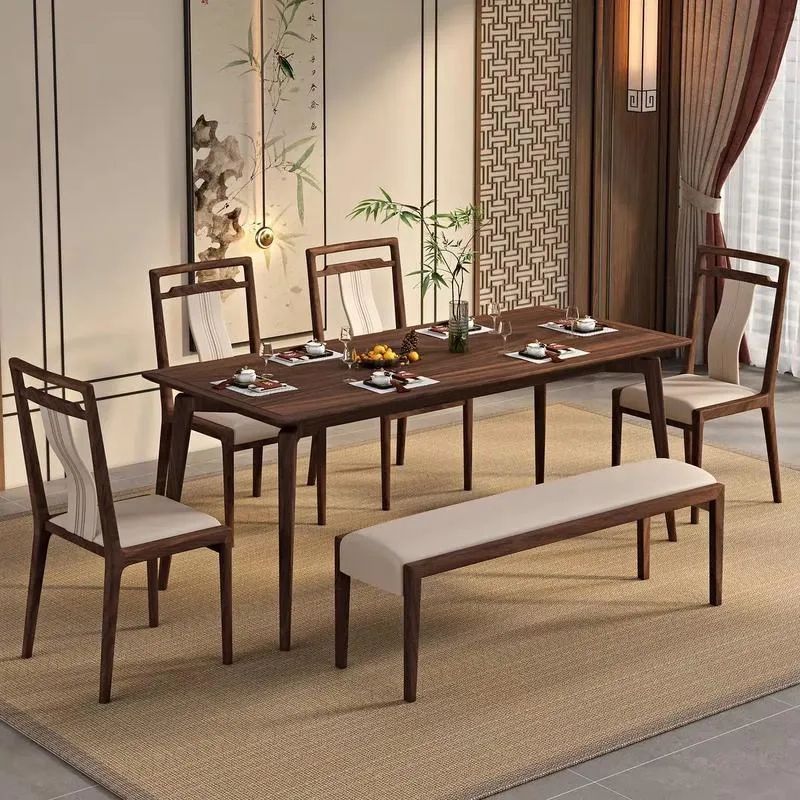 Ảnh bàn ăn gỗ óc chó kèm ghế da sang trọng, đẳng cấp