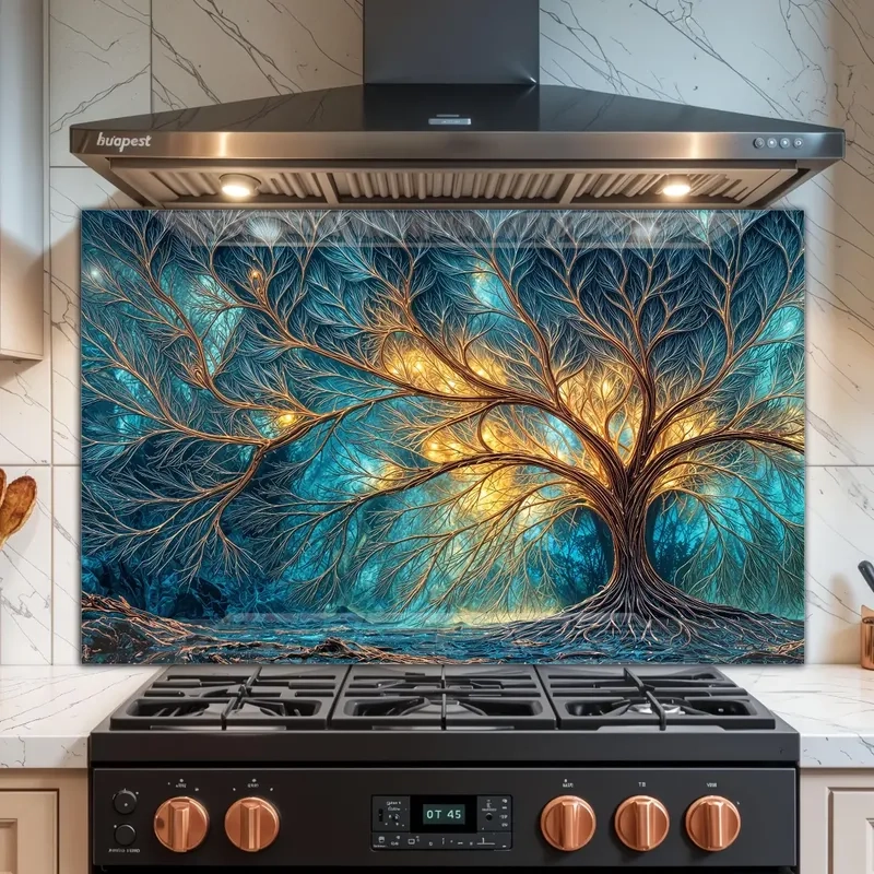 Không gian kính bếp màu xanh non