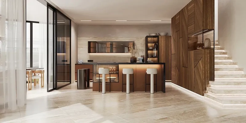 Căn bếp cao cấp đẳng cấp nhờ quầy bar ngăn bếp và phòng khách hiện đại cao cấp