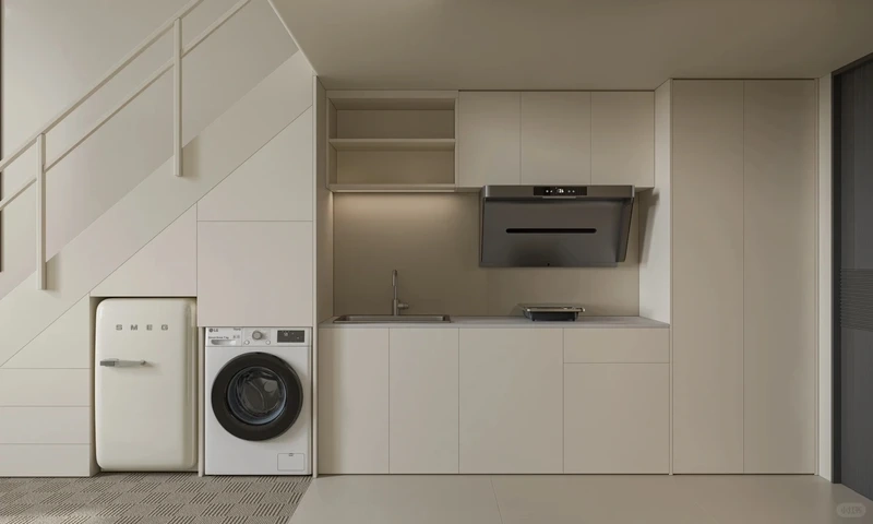 Điểm nhấn tinh tế từ tủ bếp gầm cầu thang có kệ trang trí