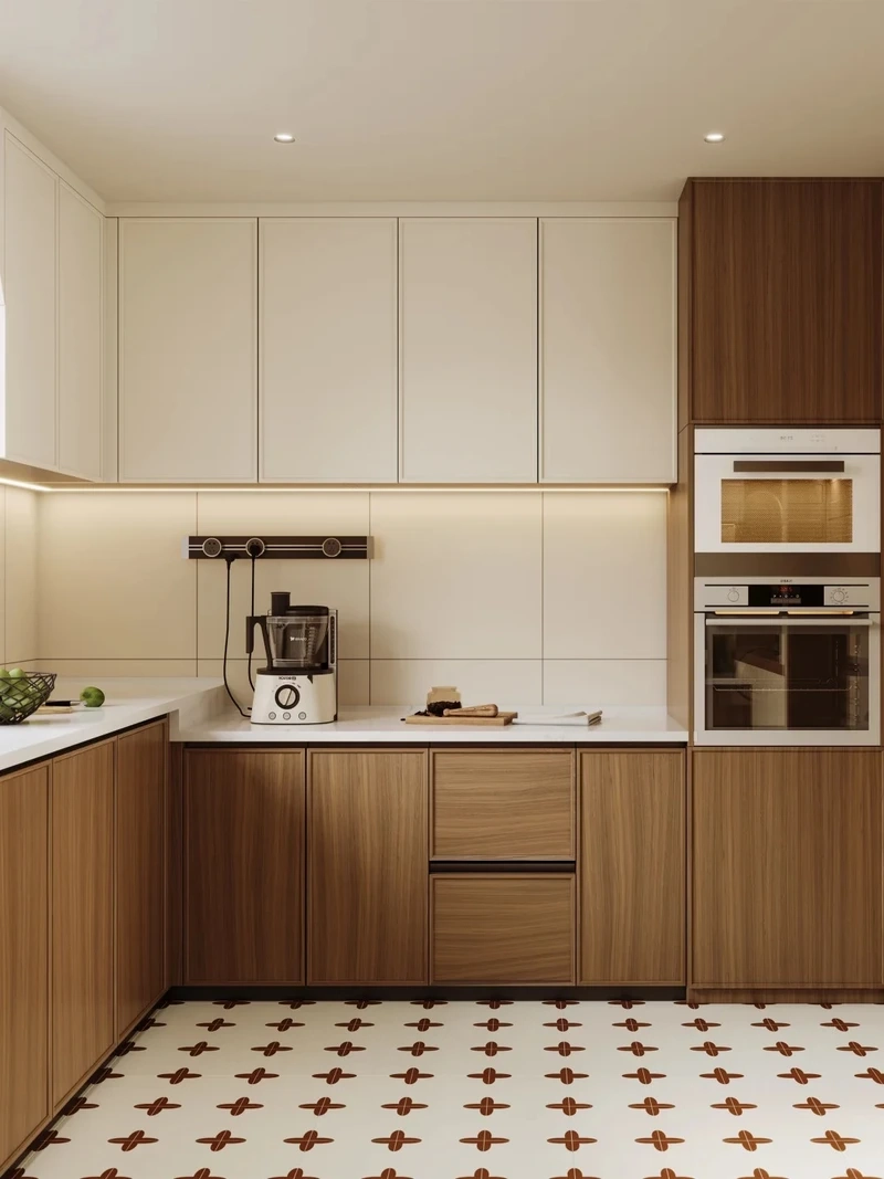 Bố trí linh hoạt nhờ tủ bếp gỗ óc chó chữ l