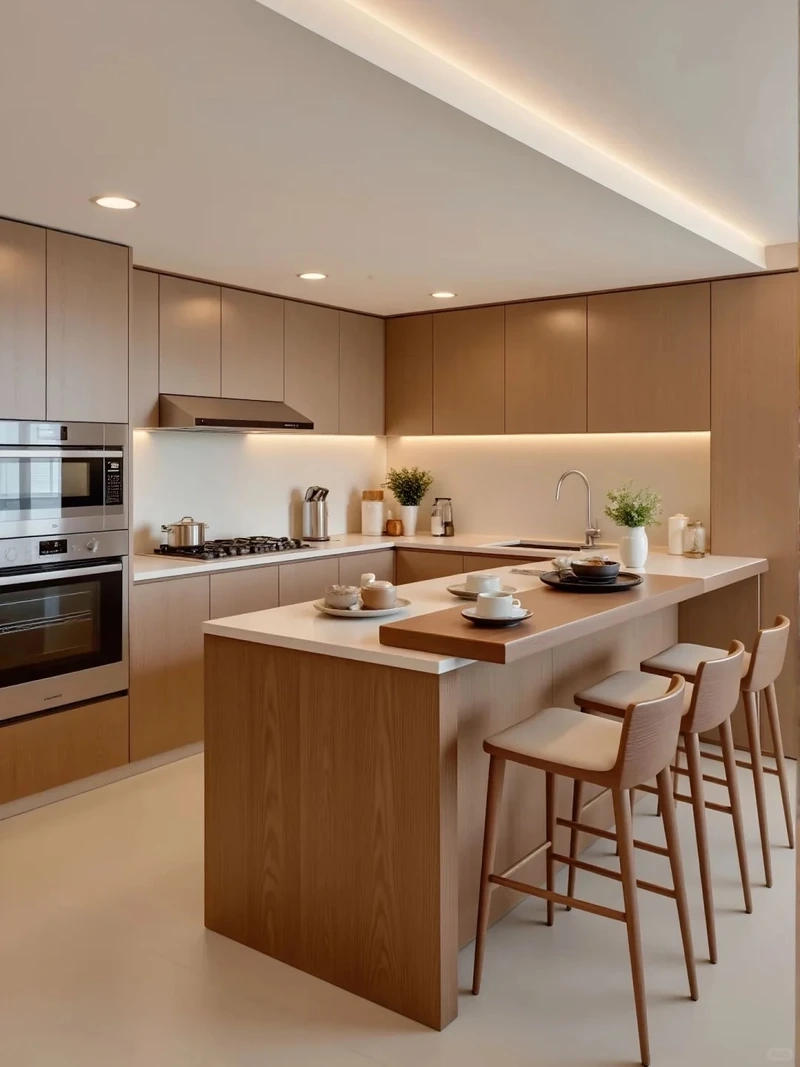 Không gian rộng mở với tủ bếp gỗ óc chó chữ u