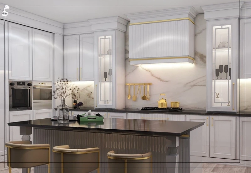 Bền đẹp vượt thời gian với tủ bếp tân cổ điển gỗ tự nhiên