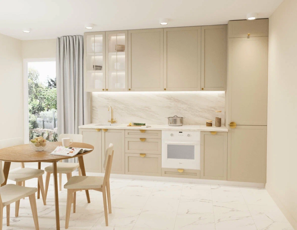 Sơn tủ bếp màu be giúp bếp luôn sáng