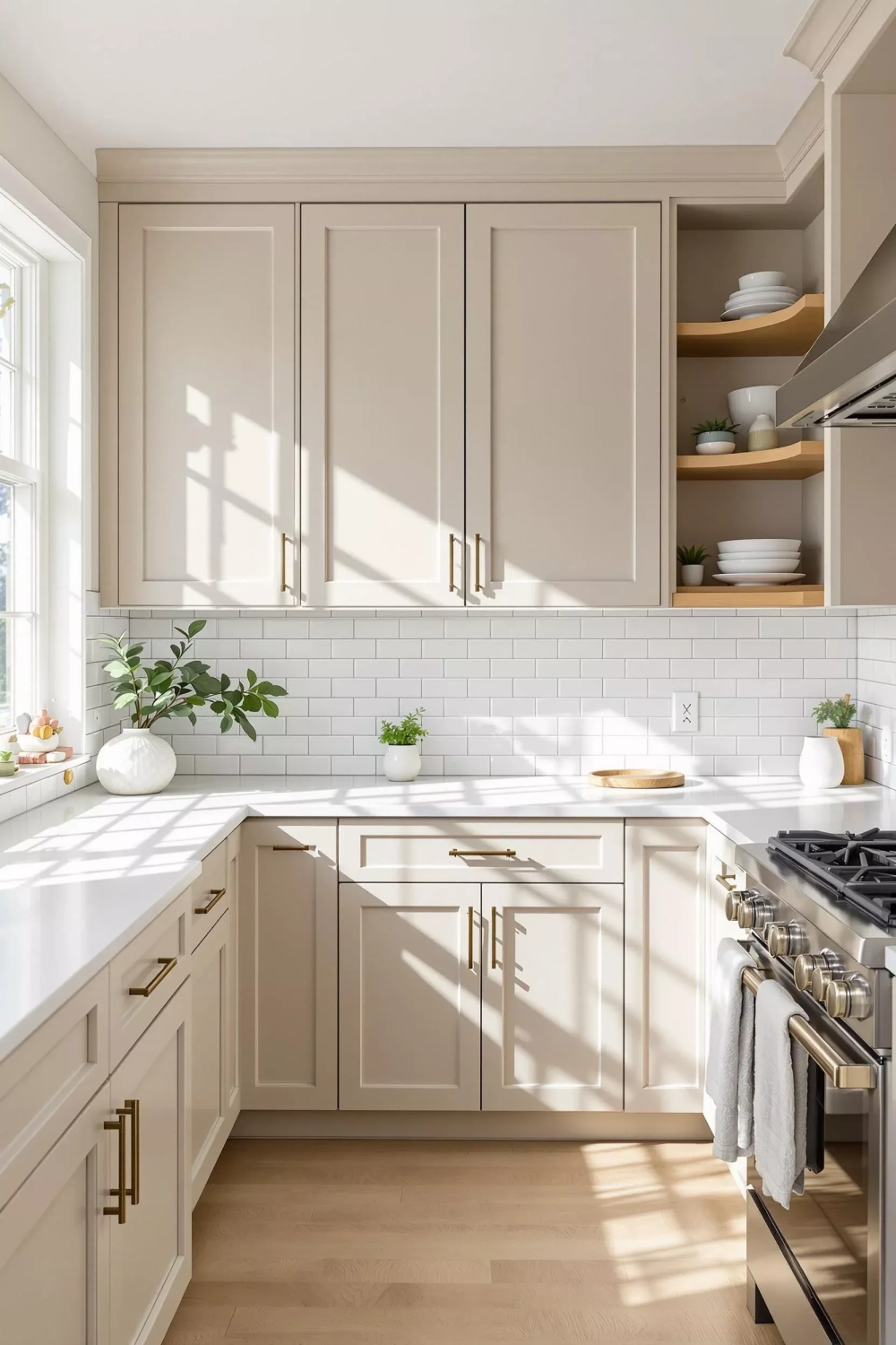 Tủ bếp màu be nhạt nhẹ nhàng tinh khôi