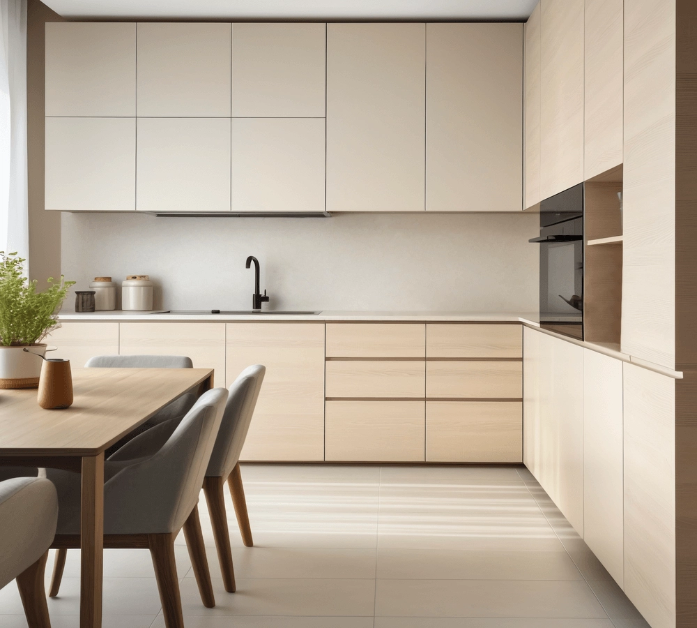 Nội thất nhà bếp màu be đồng bộ hài hòa