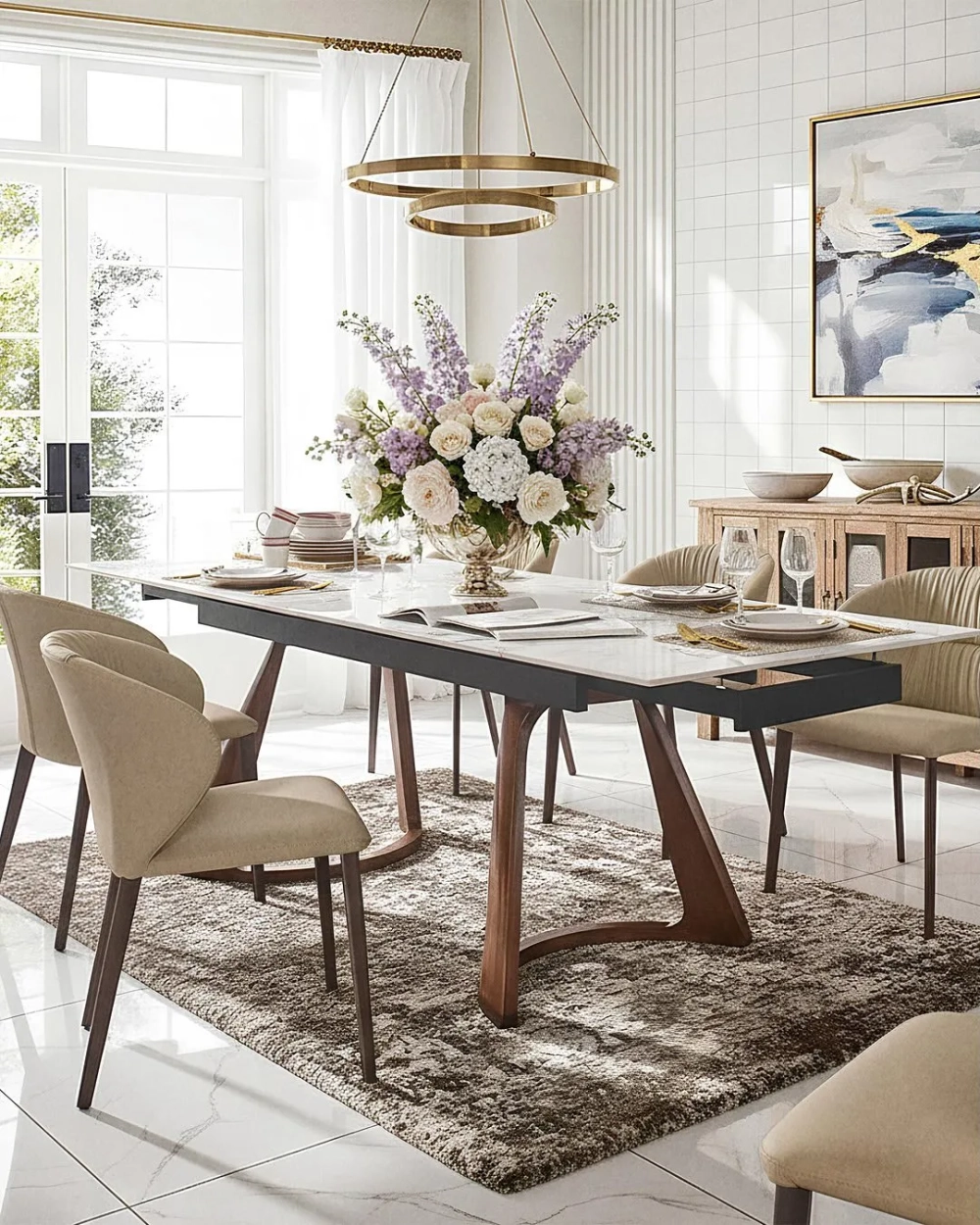 Bàn ăn mặt đá Ceramic chữ nhật chân sắt sơn tĩnh điện