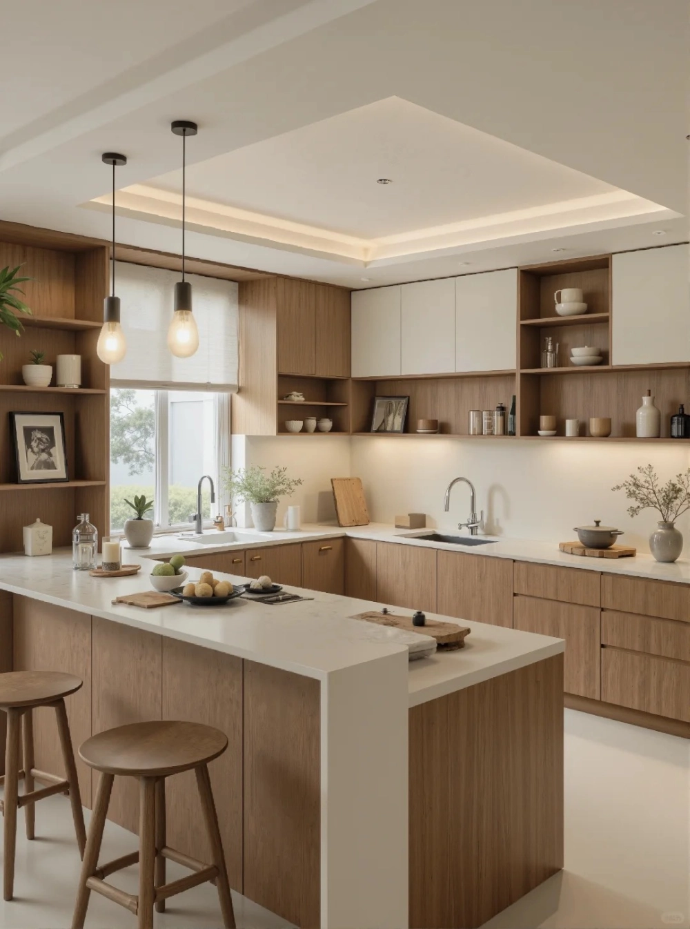 Thiết kế bàn đảo bếp mặt đá thạch anh trắng vân mây