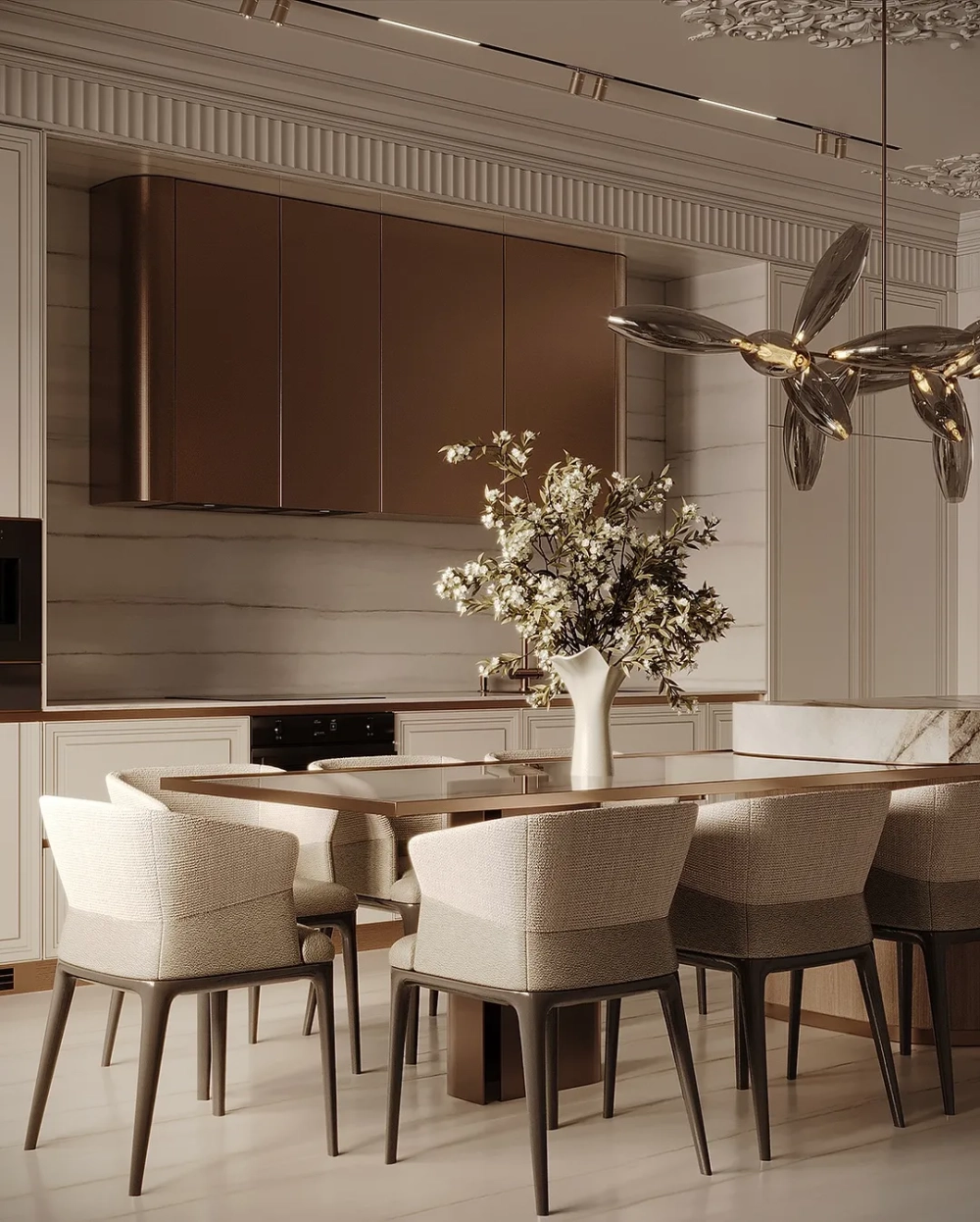 Hệ tủ bếp tân cổ điển kết hợp bàn đảo đá marble cao cấp