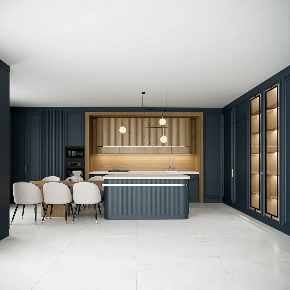 Thiết kế bếp tân cổ điển chữ I gọn gàng cho chung cư cao cấp