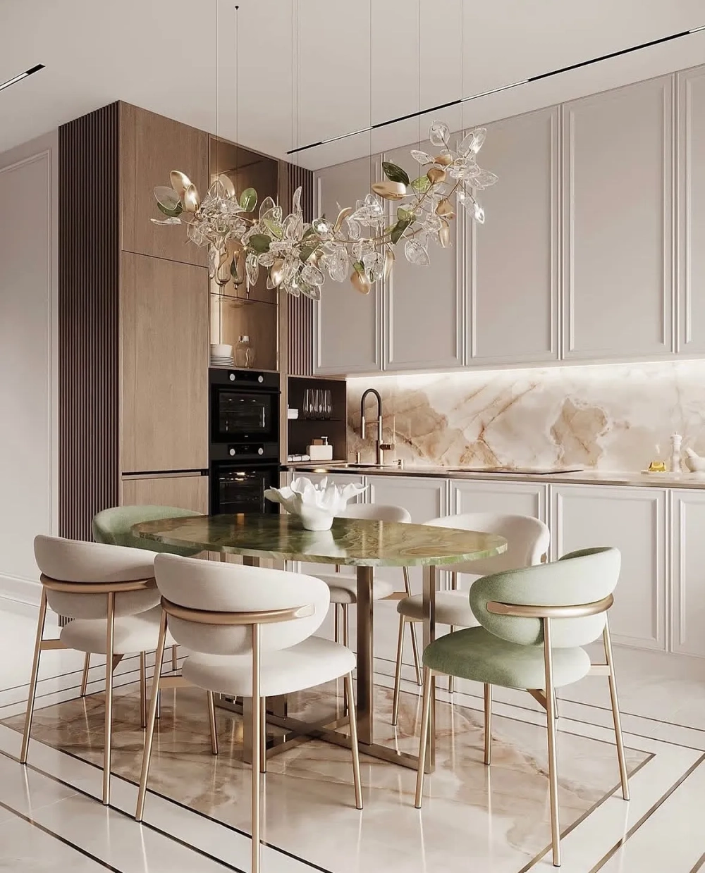 Mẫu tủ bếp tân cổ điển cánh kính sang trọng và tinh tế