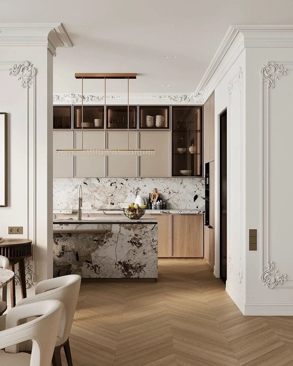 Thiết kế bếp tân cổ điển với mặt đá granite đen quyền lực