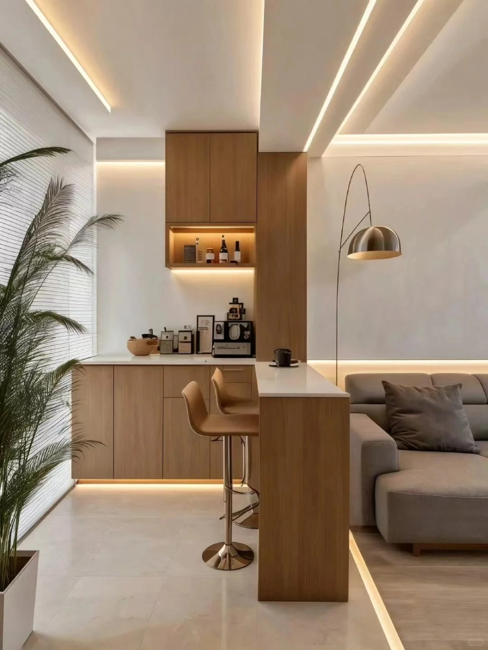 Mẫu đảo bếp quầy bar nhỏ gọn màu xám trung tính hiện đại