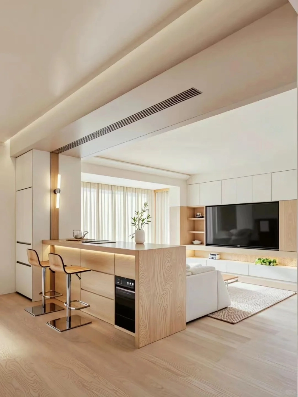 Quầy bar ngăn bếp và phòng khách bằng kính cường lực