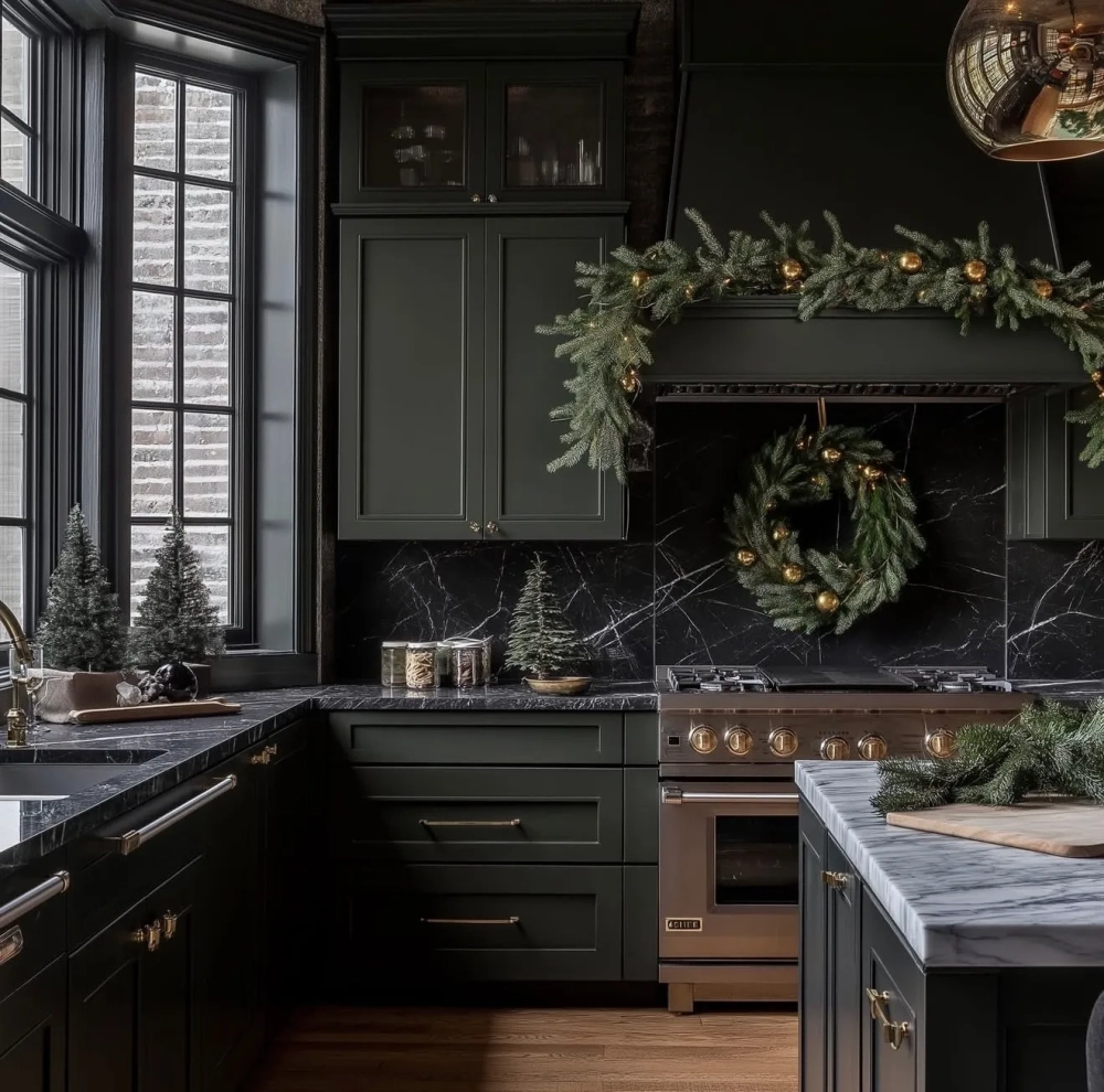 Tủ bếp gỗ màu trầm kết hợp decor bếp chill phong cách rustic