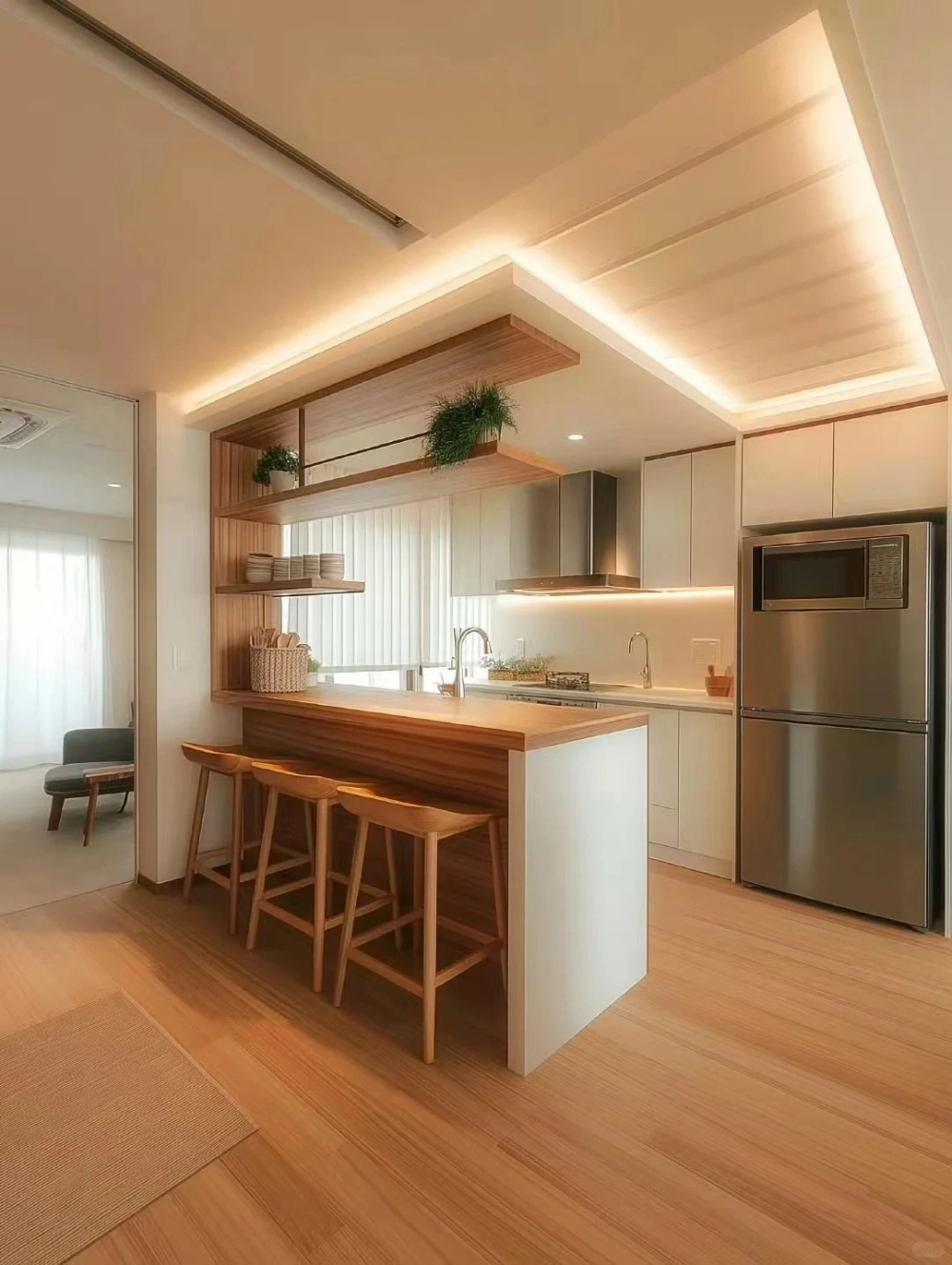 Thiết kế ghế bàn đảo bếp không tựa lưng gọn gàng