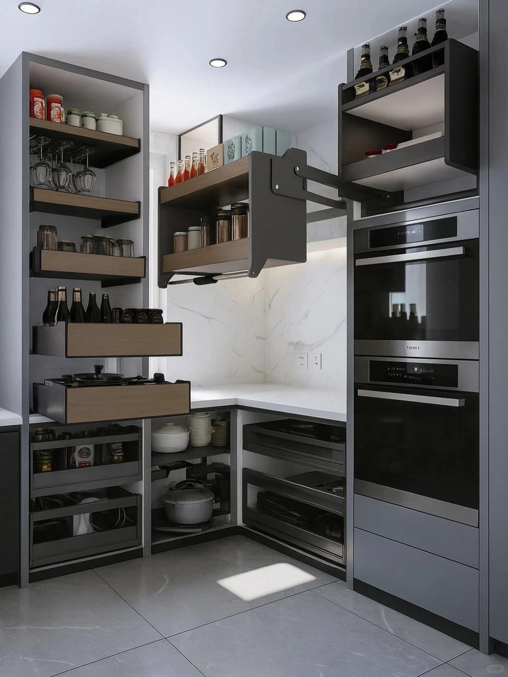 Kệ góc liên hoàn tự động đẩy ra khi mở cánh tủ