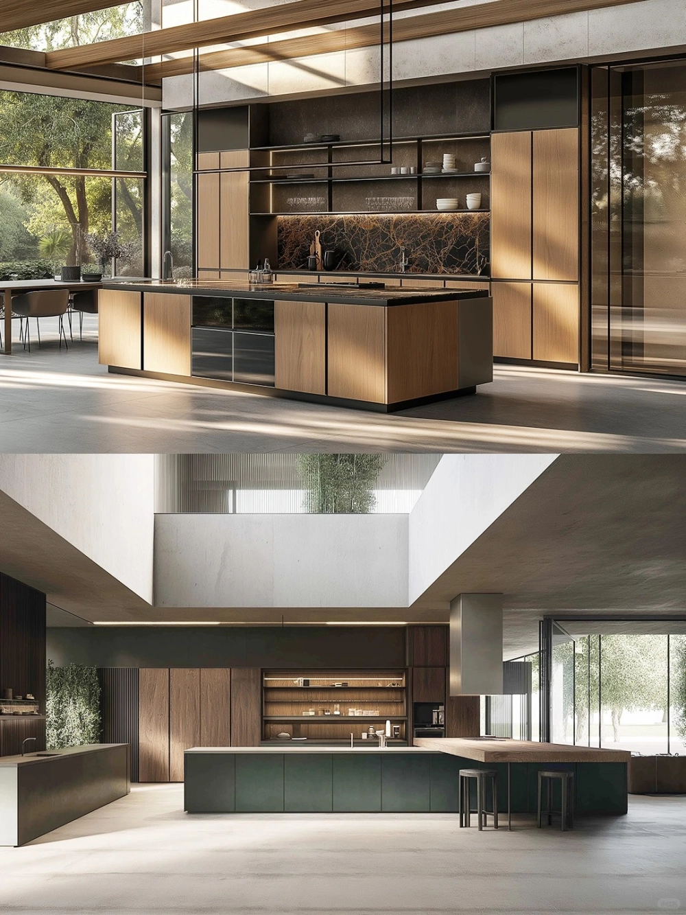 Không gian bếp đẹp với tủ bếp gỗ cao cấp vân đá hiện đại