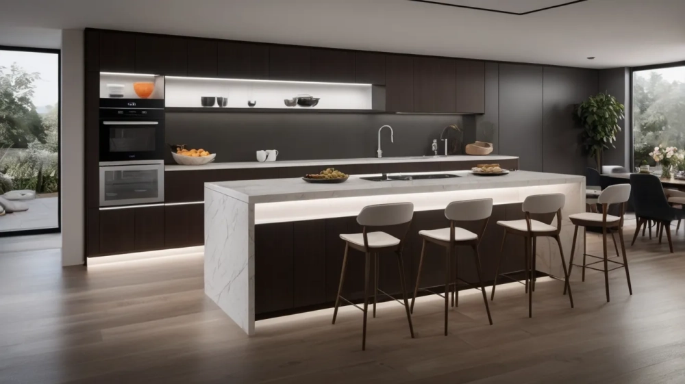 Tủ bếp Acrylic bóng gương sang trọng với hệ thống đèn led âm tủ