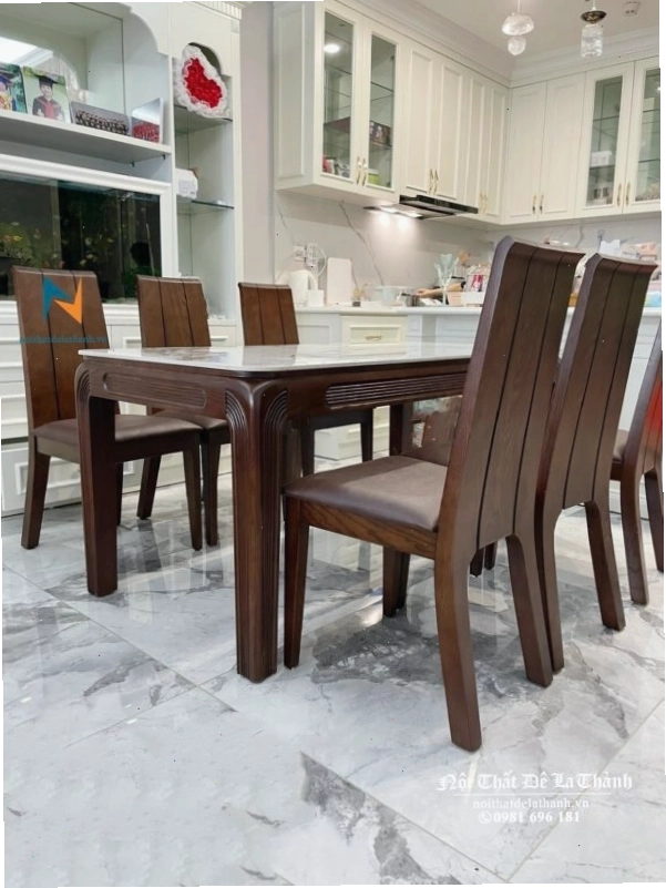 Bàn ăn 6 ghế gỗ sồi mặt đá phong cách hiện đại
