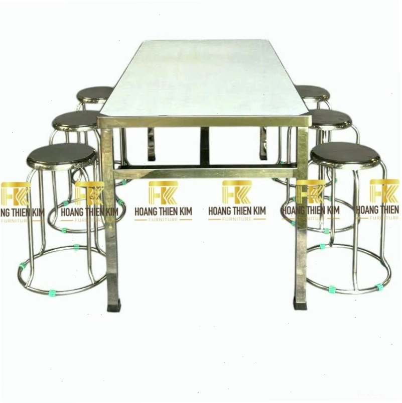 Bàn ăn công nghiệp inox 304 chân vuông cố định, bền bỉ và chắc chắn