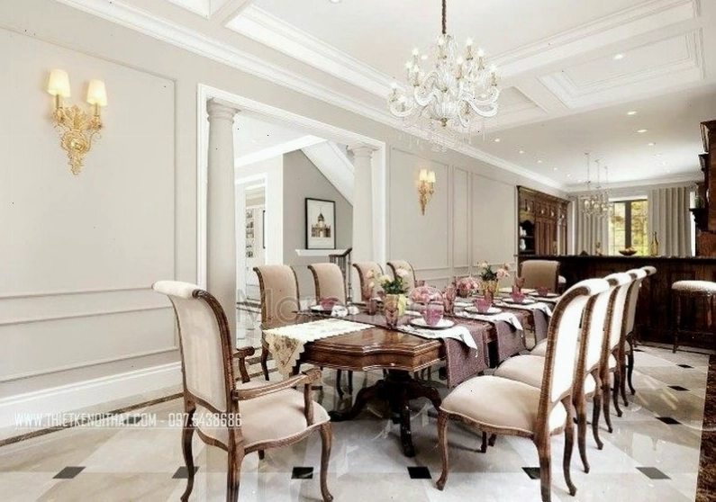 Bàn ăn tân cổ điển với mặt đá sang trọng và chân gỗ tự nhiên