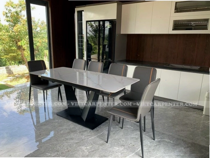 Bàn ăn thông minh mặt đá cao cấp với 8 ghế ngồi