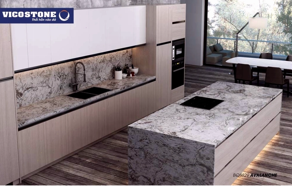 Bàn bếp đá VICOSTONE sang trọng, hiện đại với gam màu trung tính