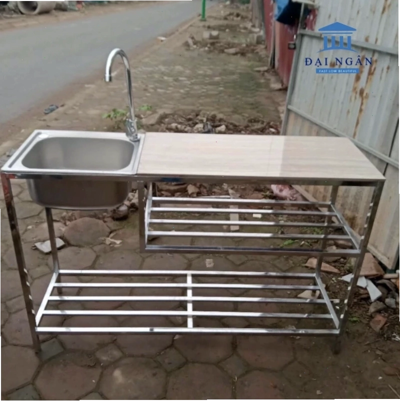 Bàn bếp khung inox mặt đá có tích hợp chậu rửa