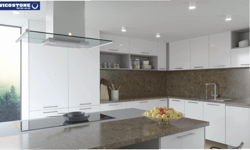 Bàn đảo bếp đá Vicostone Dark Emparador tích hợp bếp từ
