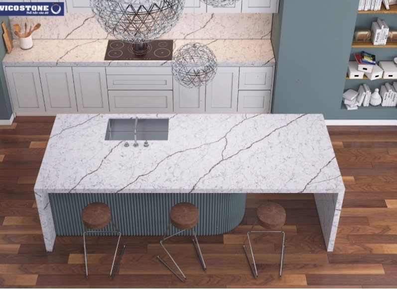 Bàn đảo bếp đá Vicostone Diamante vân rạn độc đáo
