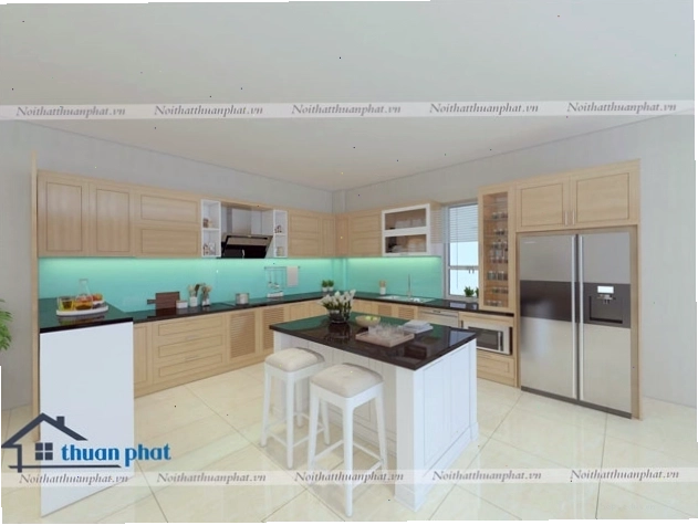 Bàn đảo bếp đẹp dưới ánh đèn thả