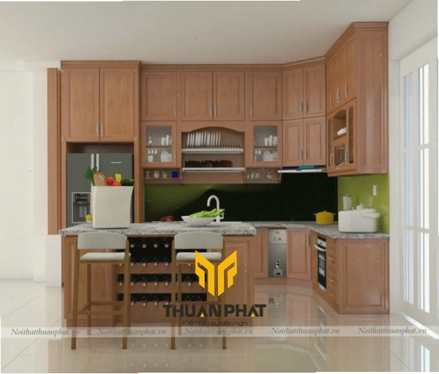 Bàn đảo bếp gỗ Xoan Đào hài hòa với tủ bếp