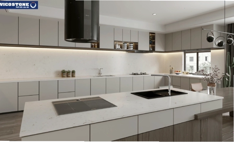 Bàn đảo bếp mặt đá Vicostone Akoya BQ8583 tích hợp bồn rửa tiện lợi