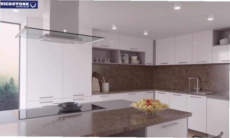 Bàn đảo bếp mặt đá Vicostone Dark Emparador BQ8560 tích hợp bếp từ