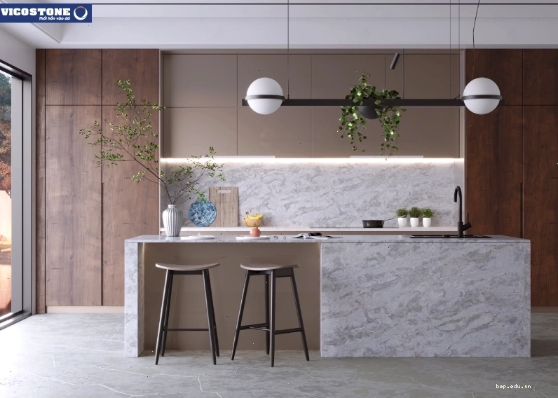 Bàn đảo bếp mặt đá Vicostone Java Noir tạo điểm nhấn ấn tượng