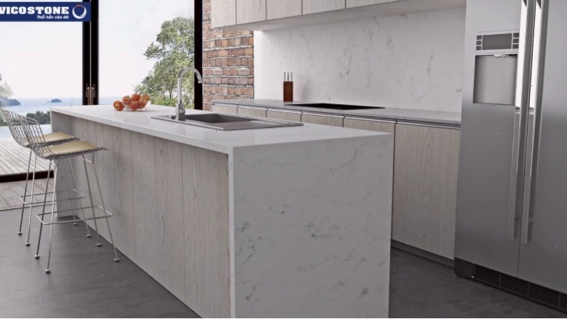 Bàn đảo bếp mặt đá Vicostone Onixaa BQ8550 với hiệu ứng vân đá nổi bật