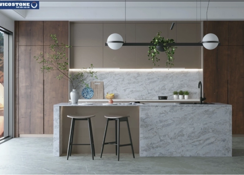 Bàn đảo bếp mặt đá Vicostone tạo điểm nhấn sang trọng cho căn bếp