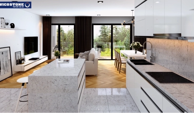 Bàn đảo bếp Vicostone Argento vân xám nhẹ nhàng