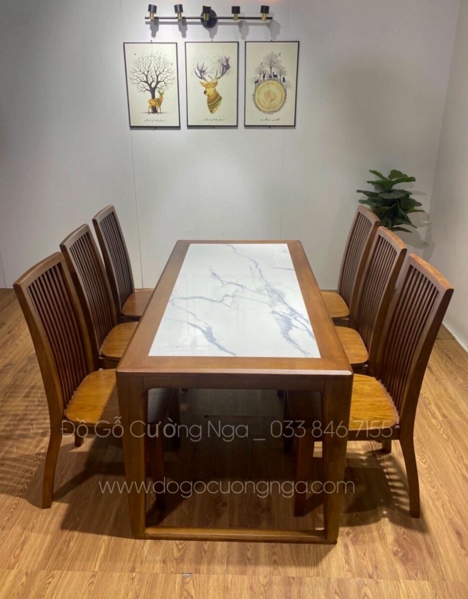 Bộ bàn ăn 6 ghế gỗ sồi Nga lau màu óc chó sang trọng