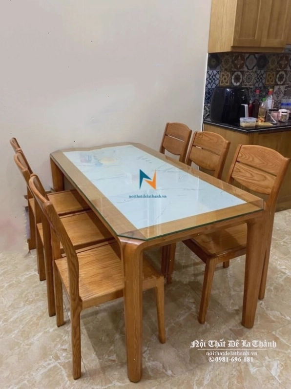 Bộ bàn ăn 6 ghế gỗ sồi Nga mặt đá sang trọng