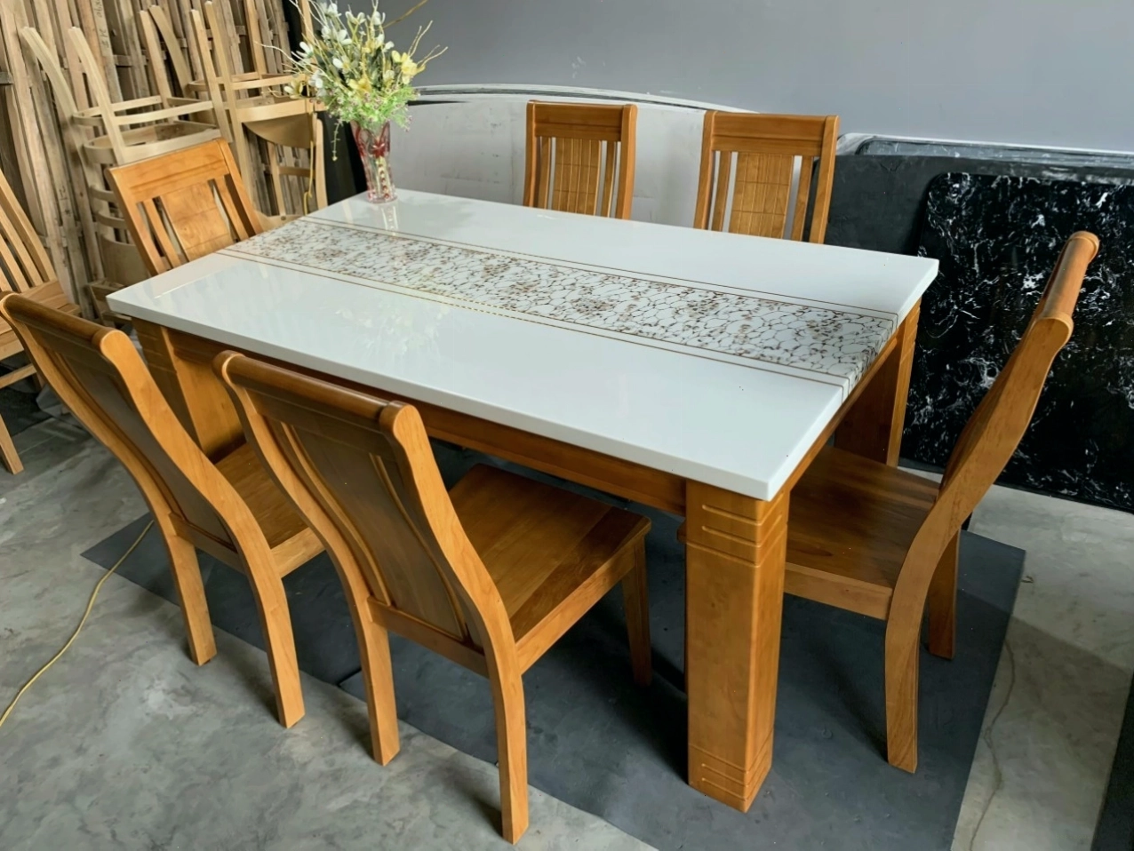 Bộ bàn ăn 6 ghế mặt đá vân mây cao cấp cho phòng bếp sang trọng