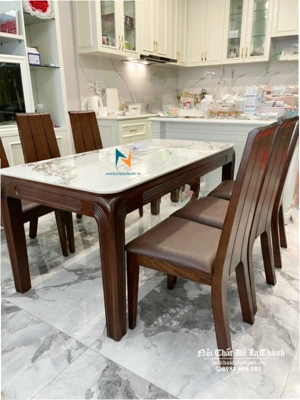 Bộ bàn ăn gỗ tự nhiên 6 ghế mặt đá cho không gian sang trọng