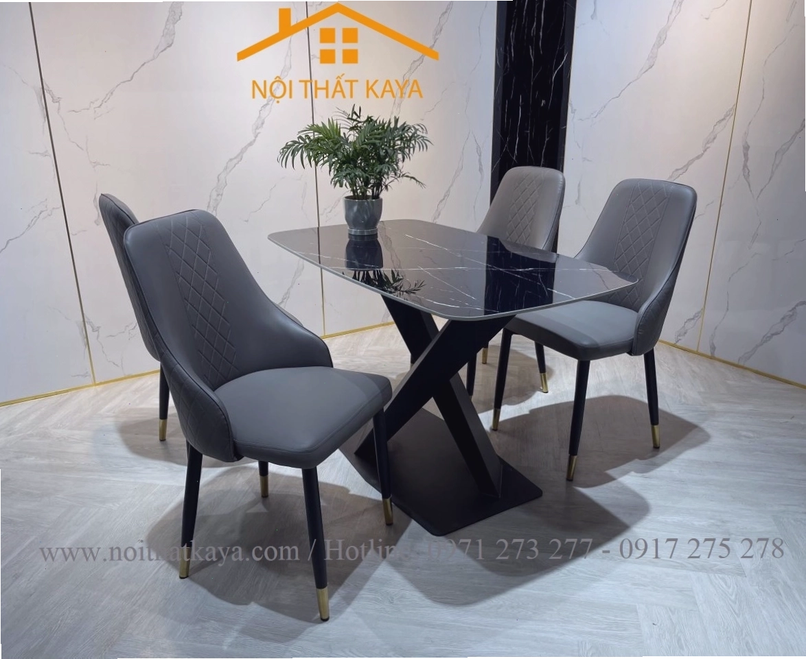 Bộ bàn ăn mặt đá ceramic chân X 4 ghế nhập khẩu