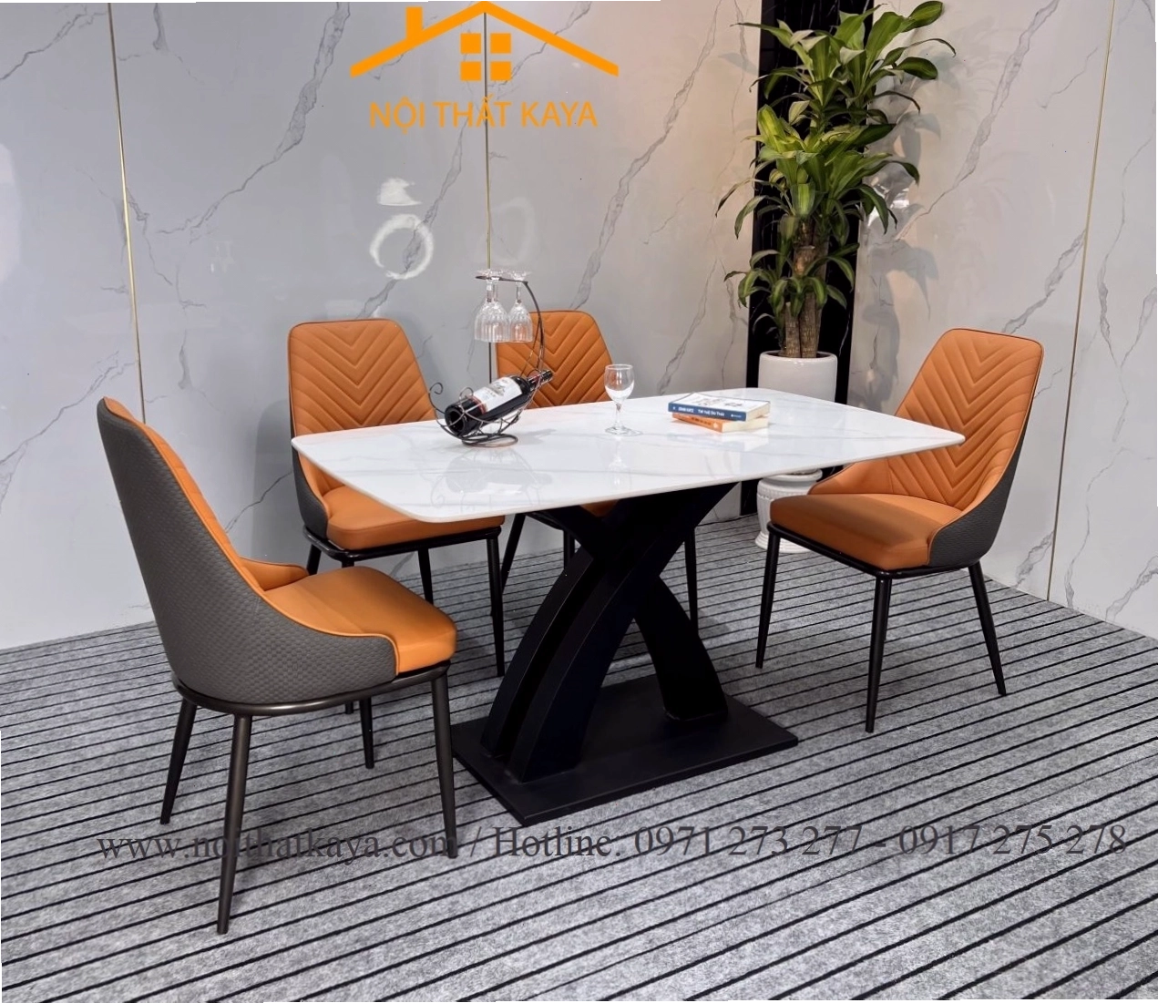 Bộ bàn ăn mặt đá ceramic chân X cong 4 ghế nhập khẩu