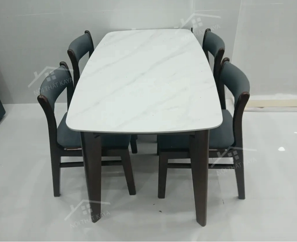 Bộ bàn ăn mặt đá Ceramic nhập khẩu 4 ghế Benla chân A màu nâu sang trọng