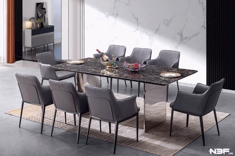 Bộ bàn ghế ăn hiện đại mặt đá cao cấp 8 ghế bọc da sang trọng