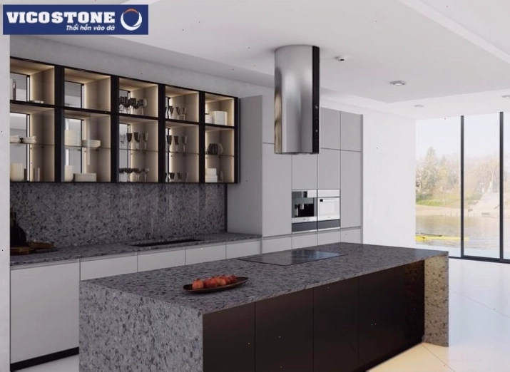 Căn bếp nổi bật với đá Terrazzo thạch anh VICOSTONE Squalo BQ8795 màu xám tối