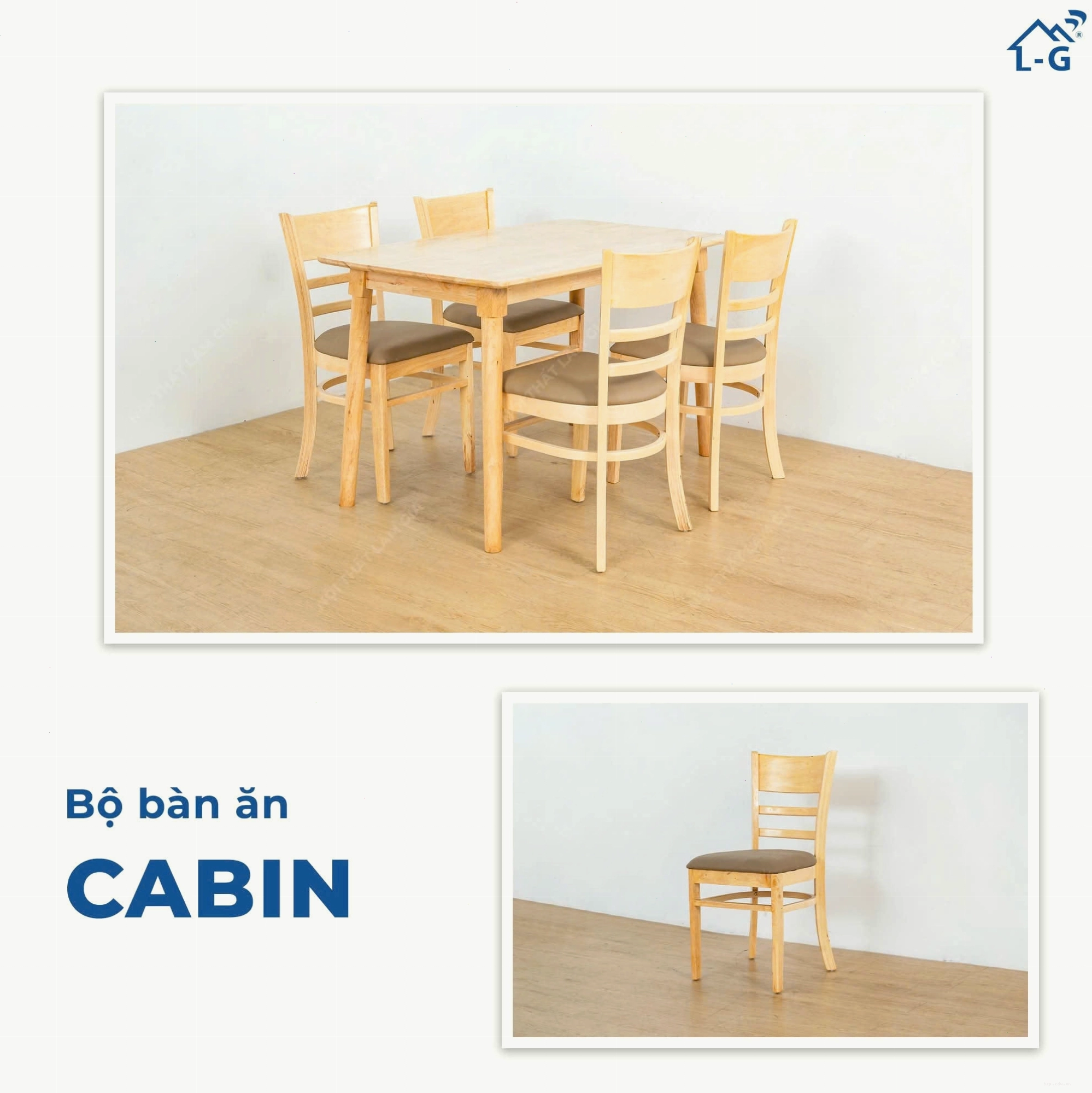 Cận cảnh chi tiết bộ bàn ăn gỗ cabin 4 ghế, thể hiện sự chắc chắn