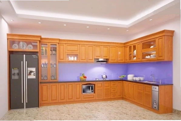 Chi tiết vân gỗ xoan đào tự nhiên trên bề mặt tủ bếp